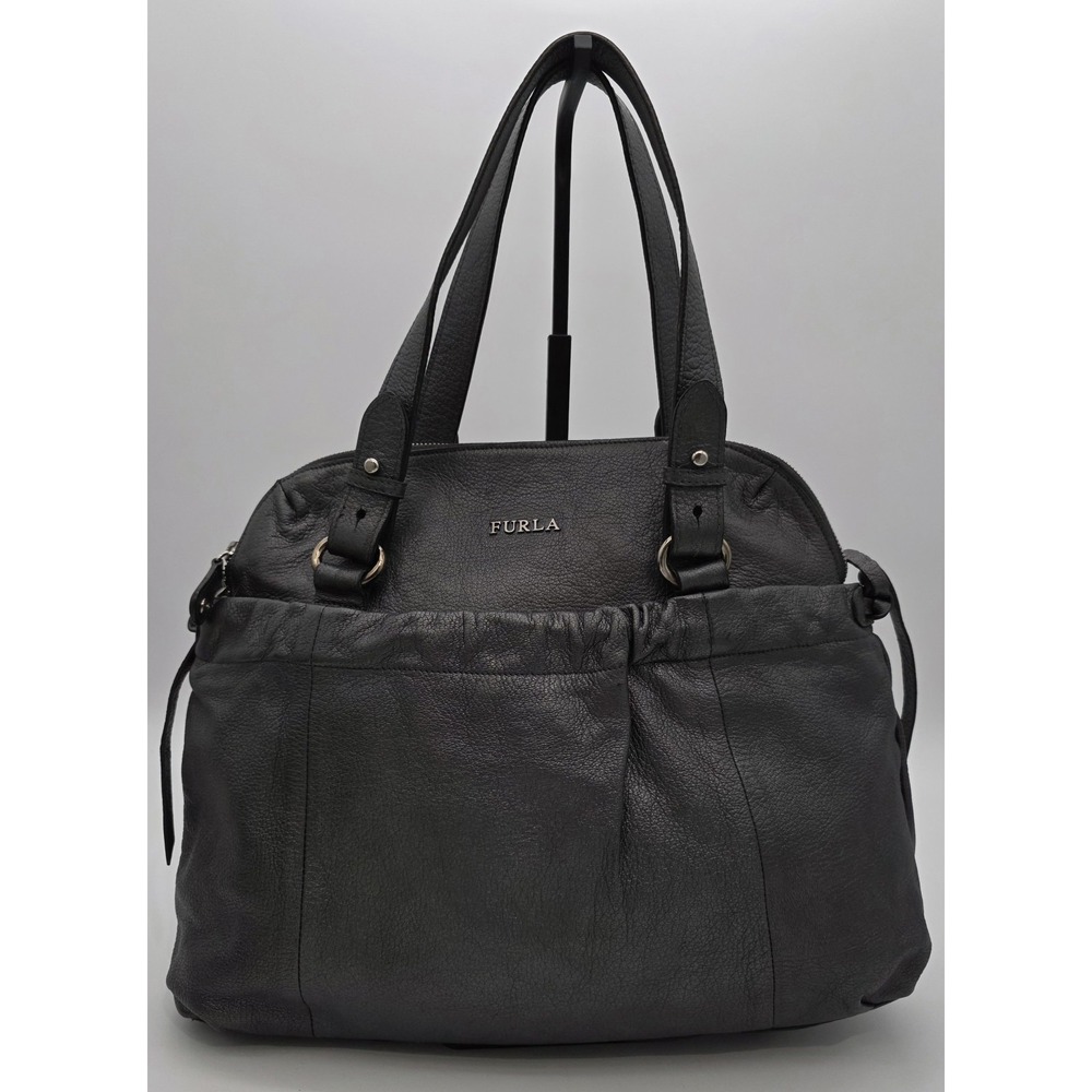 Furla Gray Leather Satchel Silvertone Hardware Made In Italy Pre-loved #0350